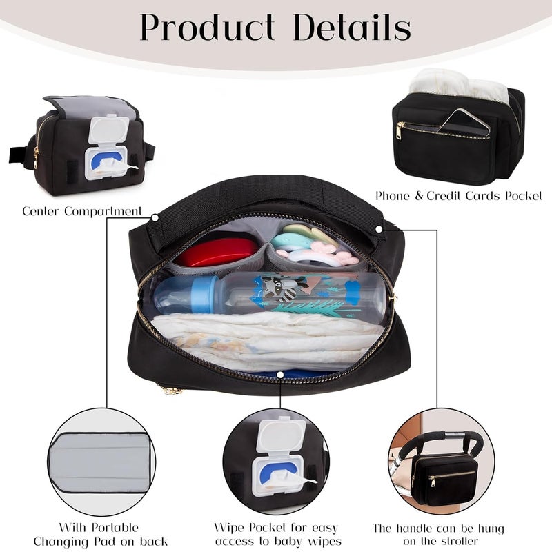 printe Small Diaper Bag with Portable Changing Pad, Crossbody Women Waist Bag with Wipes Pocket for Travel, Stroller Funny Pack, Black - Image 3